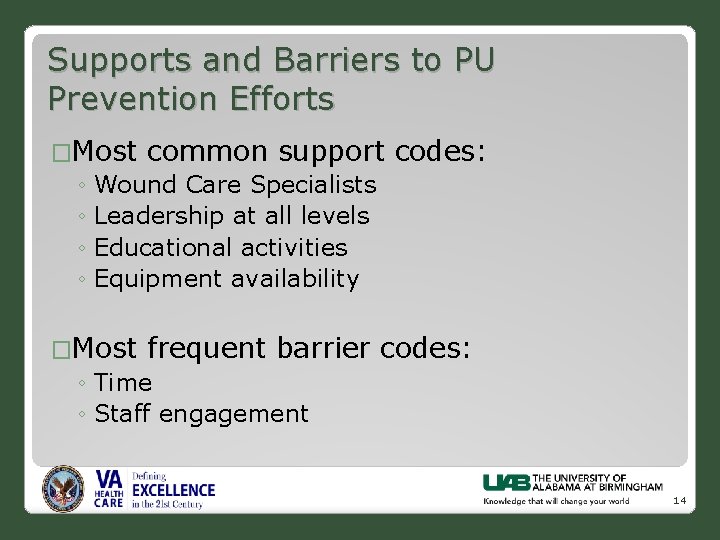 Supports and Barriers to PU Prevention Efforts �Most common support codes: ◦ Wound Care