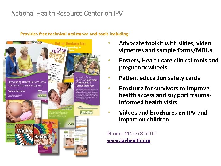 National Health Resource Center on IPV Provides free technical assistance and tools including: •