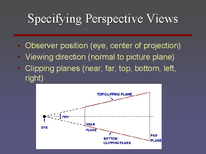 Specifying Perspective Views • Observer position (eye, center of projection) • Viewing direction (normal