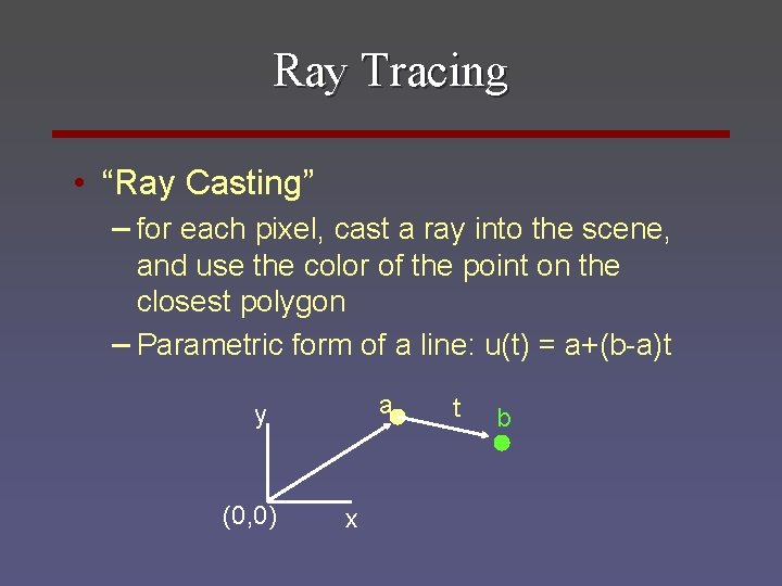 Ray Tracing • “Ray Casting” – for each pixel, cast a ray into the