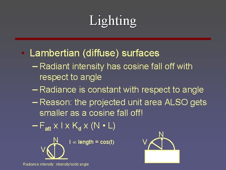 Lighting • Lambertian (diffuse) surfaces – Radiant intensity has cosine fall off with respect