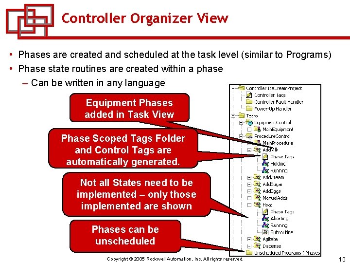 Controller Organizer View • Phases are created and scheduled at the task level (similar
