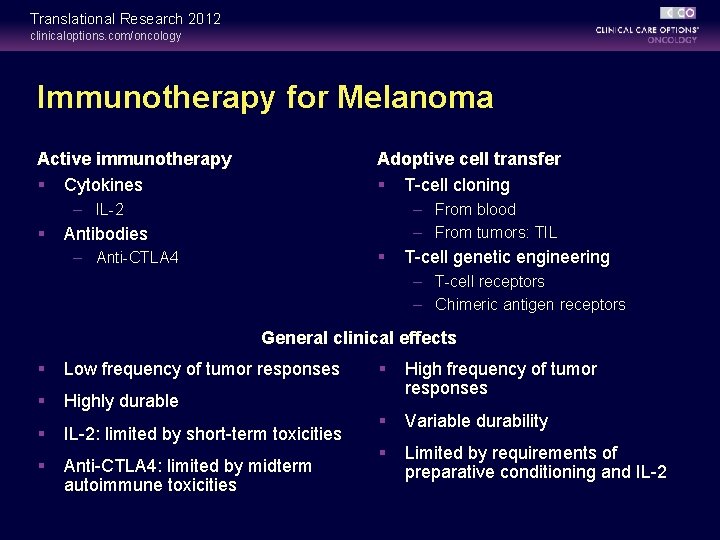 Translational Research 2012 clinicaloptions. com/oncology Immunotherapy for Melanoma Active immunotherapy § Cytokines Adoptive cell