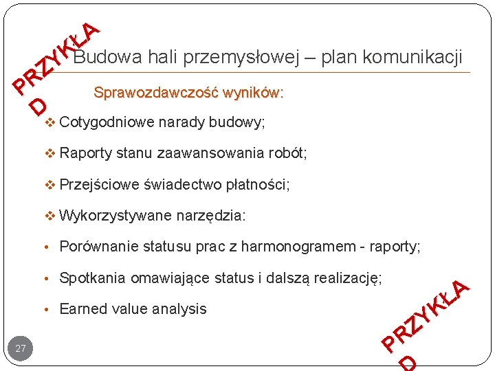 A Ł K Budowa hali przemysłowej – plan komunikacji Y Z R P Sprawozdawczość