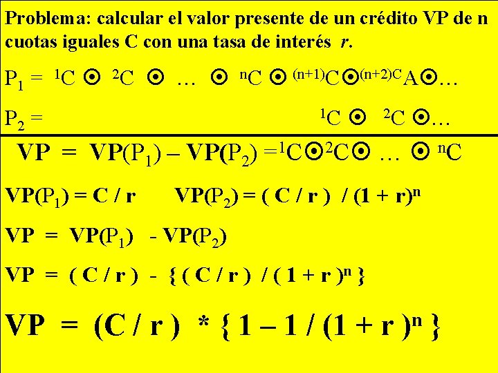 Problema: calcular el valor presente de un crédito VP de n cuotas iguales C