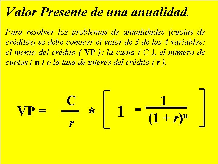 Valor Presente de una anualidad. Para resolver los problemas de anualidades (cuotas de créditos)