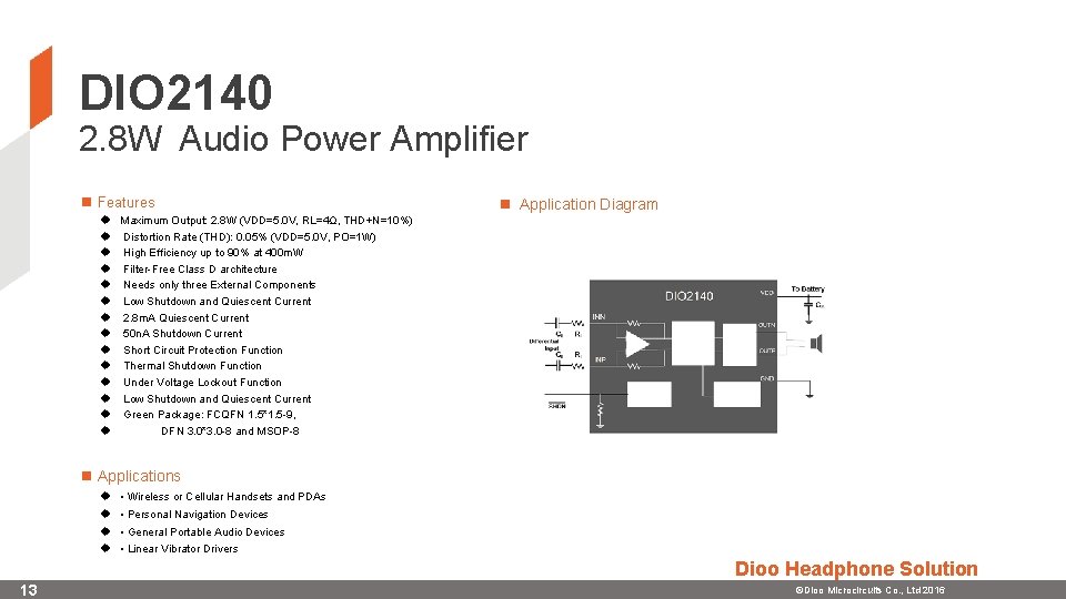 DIO 2140 2. 8 W Audio Power Amplifier n Features u u u u