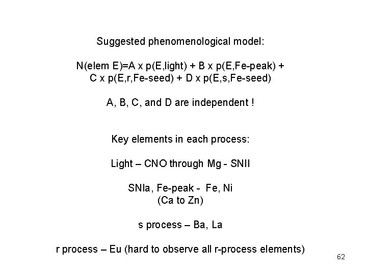 Suggested phenomenological model: N(elem E)=A x p(E, light) + B x p(E, Fe-peak) +