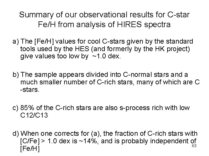 Summary of our observational results for C-star Fe/H from analysis of HIRES spectra a)