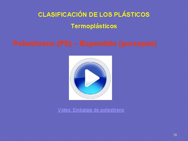 CLASIFICACIÓN DE LOS PLÁSTICOS Termoplásticos Poliestireno (PS) – Expandido (porexpan) Vídeo: Embalaje de poliestireno