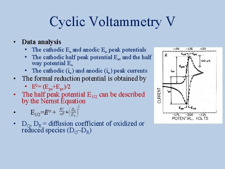 Cyclic Voltammetry V • Data analysis • The cathodic E and anodic E peak