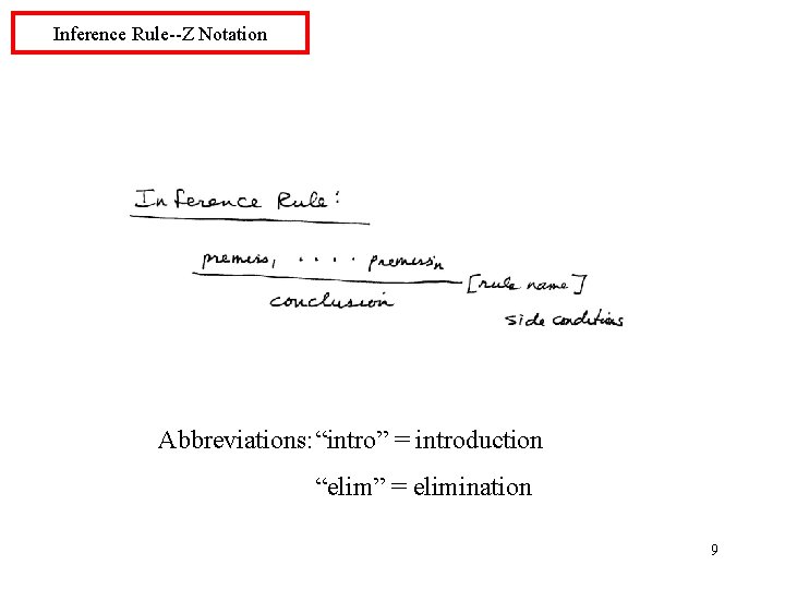 Inference Rule--Z Notation Abbreviations: “intro” = introduction “elim” = elimination 9 