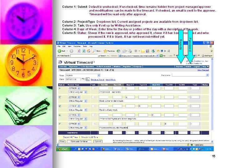 Column 1: Submit Default is unchecked; If unchecked, time remains hidden from project manager/approver