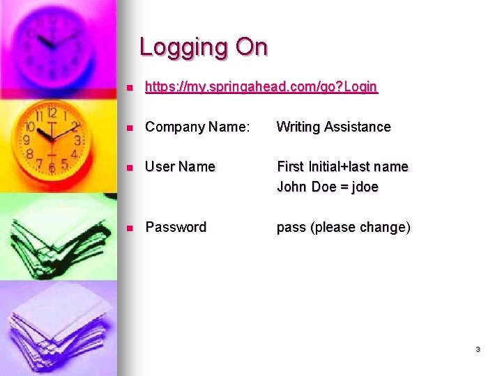 Logging On n https: //my. springahead. com/go? Login n Company Name: Writing Assistance n