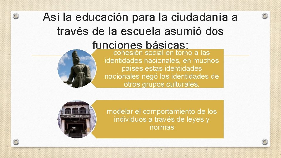 Así la educación para la ciudadanía a través de la escuela asumió dos funciones