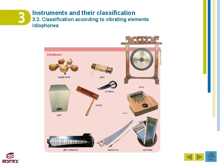 Instruments and their classification 3. 2. Classification according to vibrating elements Idiophones Instruments and their classification 3. 2. Classification according to vibrating elements Idiophones