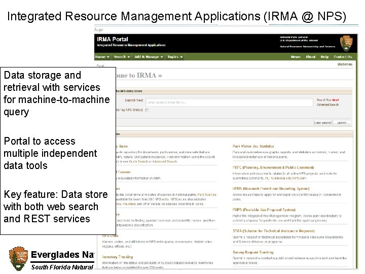 Integrated Resource Management Applications (IRMA @ NPS) Data storage and retrieval with services for