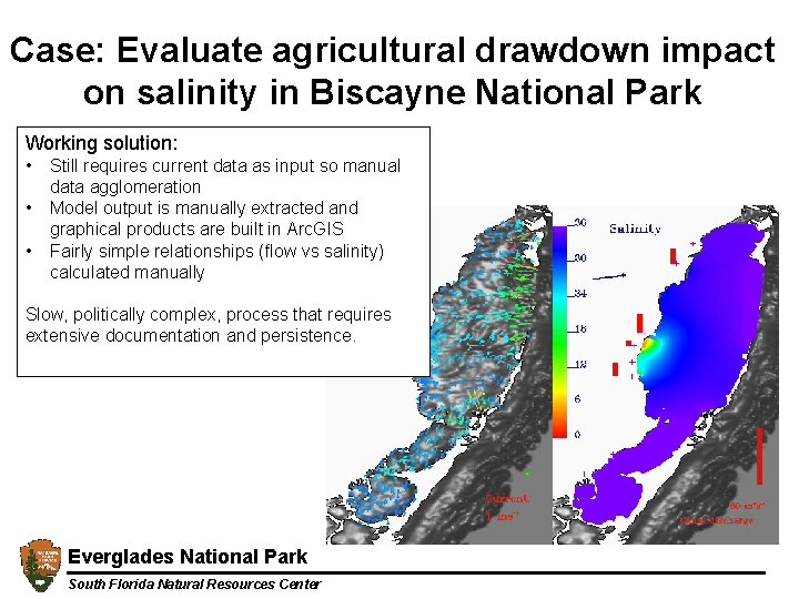 Case: Evaluate agricultural drawdown impact on salinity in Biscayne National Park Working solution: •