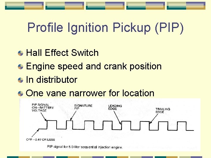 Profile Ignition Pickup (PIP) Hall Effect Switch Engine speed and crank position In distributor