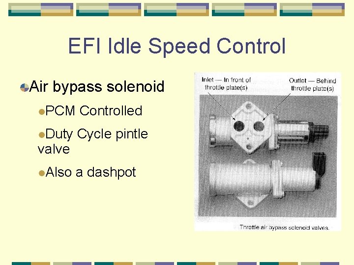 EFI Idle Speed Control Air bypass solenoid l. PCM Controlled l. Duty Cycle pintle