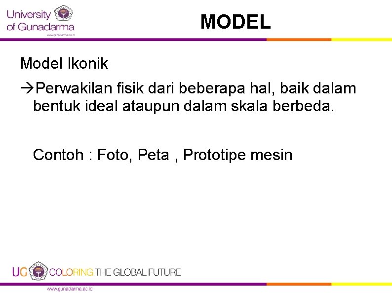 MODEL Model Ikonik Perwakilan fisik dari beberapa hal, baik dalam bentuk ideal ataupun dalam