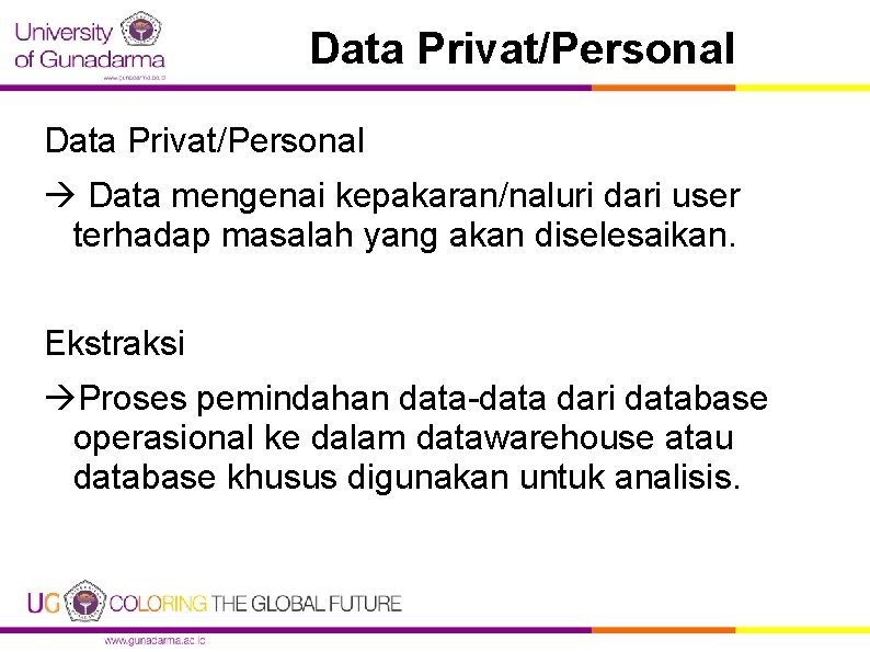 Data Privat/Personal Data mengenai kepakaran/naluri dari user terhadap masalah yang akan diselesaikan. Ekstraksi Proses