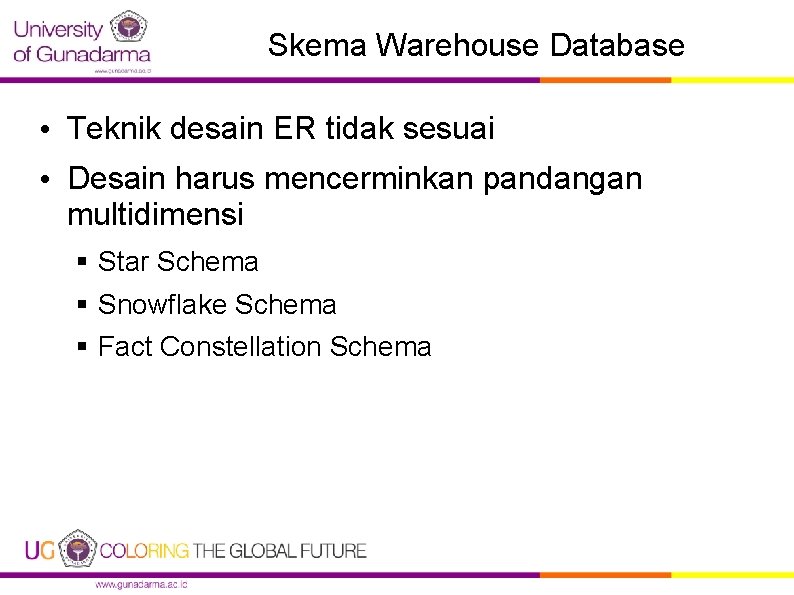 Skema Warehouse Database • Teknik desain ER tidak sesuai • Desain harus mencerminkan pandangan