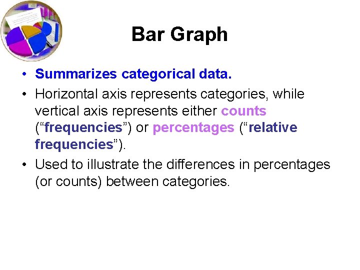 Bar Graph • Summarizes categorical data. • Horizontal axis represents categories, while vertical axis
