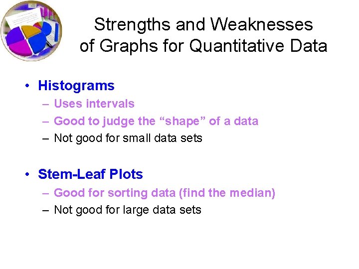 Strengths and Weaknesses of Graphs for Quantitative Data • Histograms – Uses intervals –