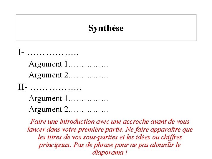 Synthèse I- ……………. . Argument 1…………… Argument 2…………… II- ……………. . Argument 1…………… Argument