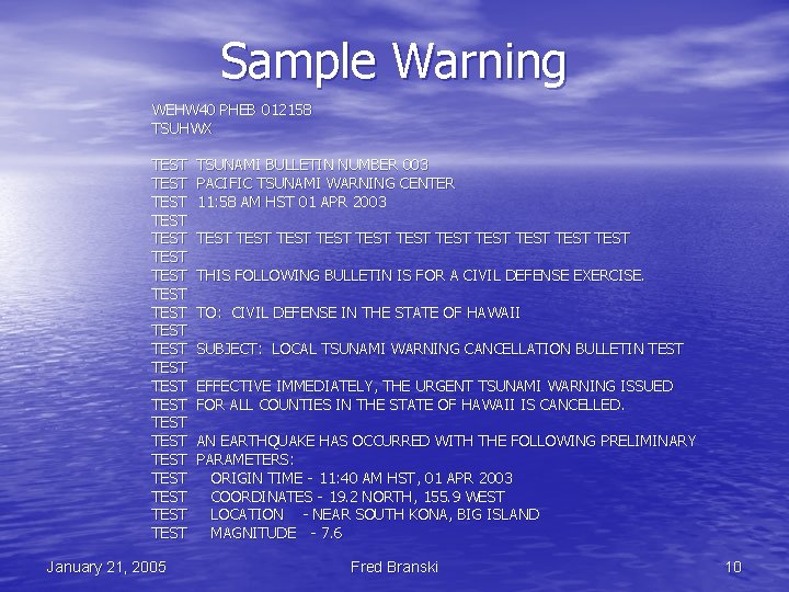 Sample Warning WEHW 40 PHEB 012158 TSUHWX TEST TEST TEST TEST TEST TEST January