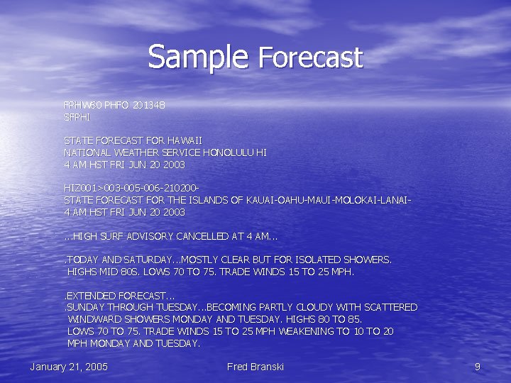 Sample Forecast FPHW 60 PHFO 201348 SFPHI STATE FORECAST FOR HAWAII NATIONAL WEATHER SERVICE