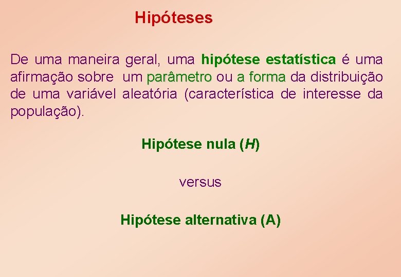 Hipóteses De uma maneira geral, uma hipótese estatística é uma afirmação sobre um parâmetro