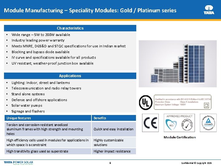 Module Manufacturing – Speciality Modules: Gold / Platinum series Characteristics • • • Wide