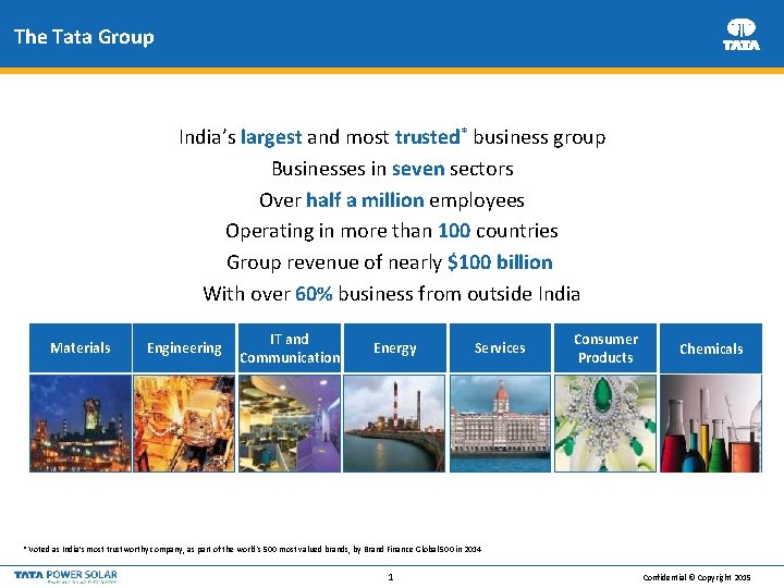 The Tata Group India’s largest and most trusted* business group Businesses in seven sectors