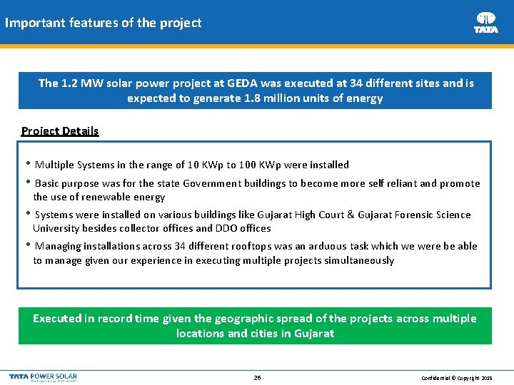 Important features of the project The 1. 2 MW solar power project at GEDA