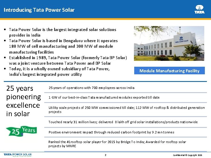 Introducing Tata Power Solar § Tata Power Solar is the largest integrated solar solutions