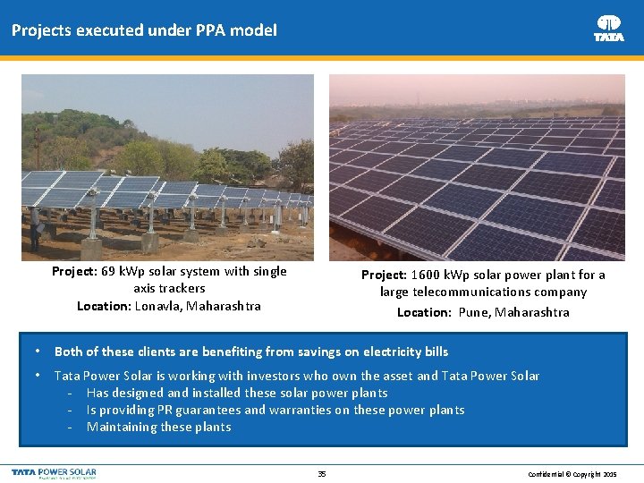 Projects executed under PPA model Project: 69 k. Wp solar system with single axis