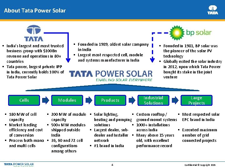 About Tata Power Solar § India’s largest and most trusted business group with $100