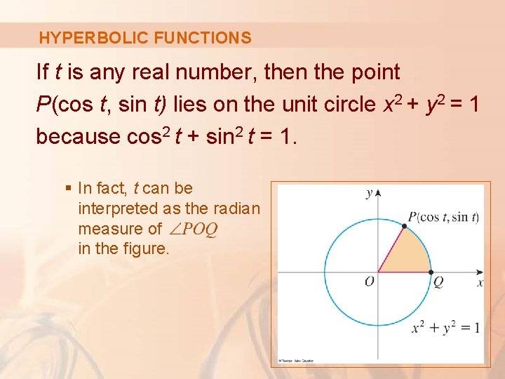HYPERBOLIC FUNCTIONS If t is any real number, then the point P(cos t, sin