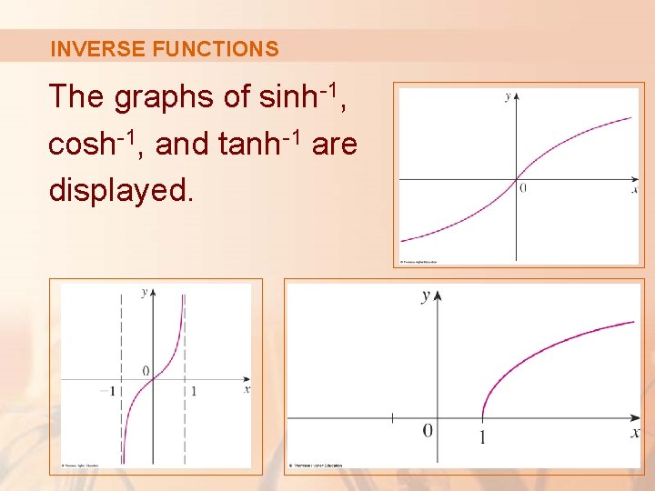 INVERSE FUNCTIONS The graphs of sinh-1, cosh-1, and tanh-1 are displayed. 