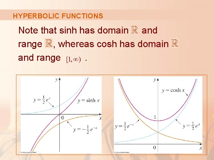 HYPERBOLIC FUNCTIONS Note that sinh has domain and range , whereas cosh has domain