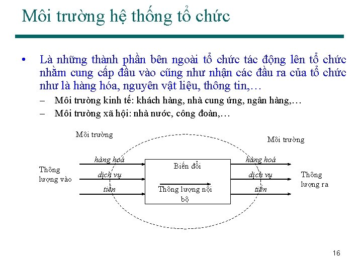 Môi trường hệ thống tổ chức • Là những thành phần bên ngoài tổ