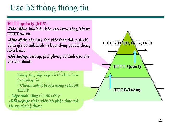 Các hệ thống thông tin HTTT quản lý (MIS) -Đặc điểm: báo biểu báo