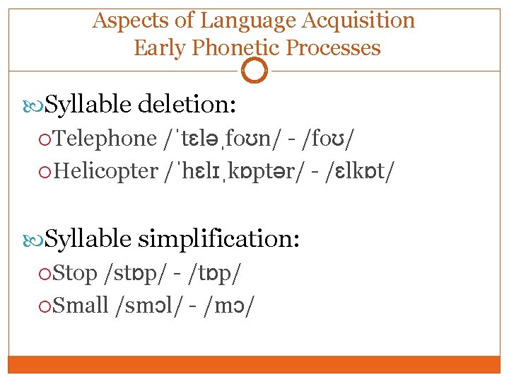 Aspects of Language Acquisition Early Phonetic Processes Syllable deletion: Telephone /ˈtɛləˌfoʊn/ - /foʊ/ Helicopter