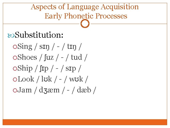 Aspects of Language Acquisition Early Phonetic Processes Substitution: Sing / sɪŋ / - /