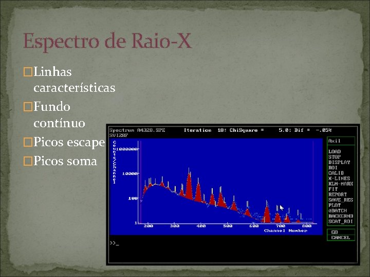 Espectro de Raio-X �Linhas características �Fundo contínuo �Picos escape �Picos soma 
