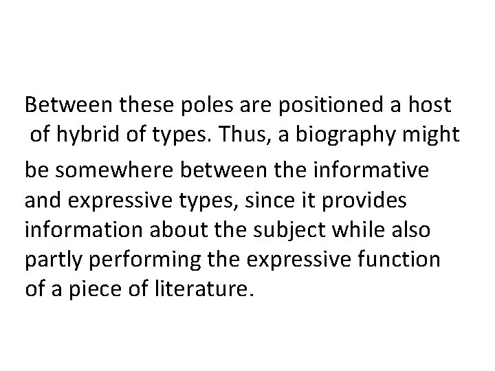 Between these poles are positioned a host of hybrid of types. Thus, a biography