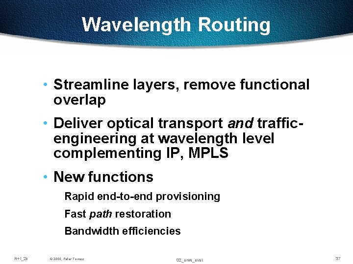 Wavelength Routing • Streamline layers, remove functional overlap • Deliver optical transport and trafficengineering Wavelength Routing • Streamline layers, remove functional overlap • Deliver optical transport and trafficengineering