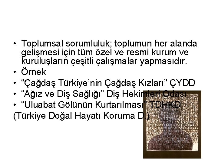  • Toplumsal sorumluluk; toplumun her alanda gelişmesi için tüm özel ve resmi kurum